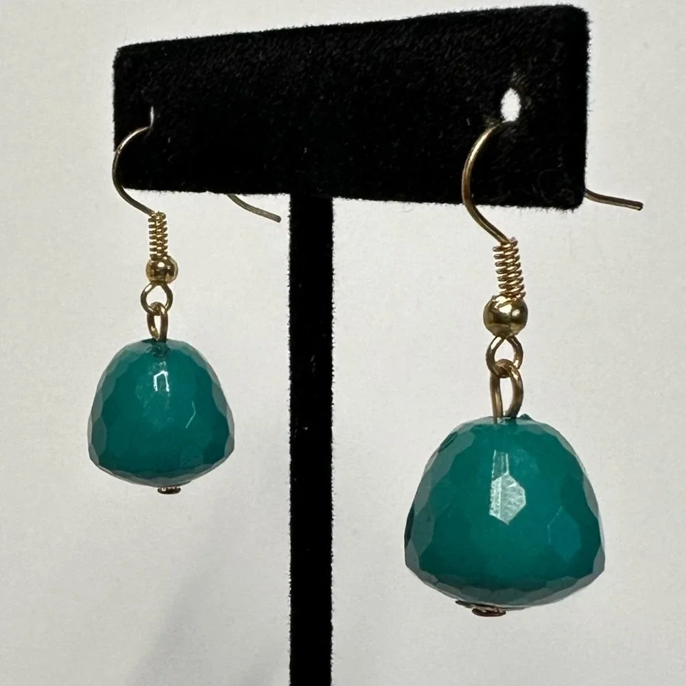 Teal Faceted Acrylic Bead Drop Earrings Gold‎ Tone Dangle Lightweight